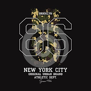 New York City, Brooklyn t-shirt design with camouflage texture. Athletic apparel design with camo in military army style. Vector
