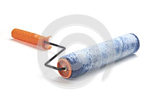 Paint roller with orange handle on white background