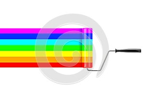 Paint Roller and Rainbow Color Strokes. 3d Rendering