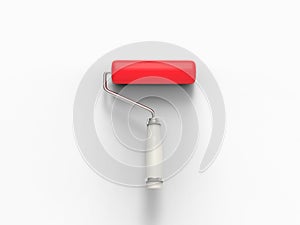 Paint roller with red paint on and white wall background