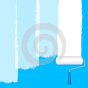 Paint roller white on the blue wall for banner background and copy space text advertising, paint brush roller painted white