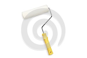 Paint roller with yellow handle on white background