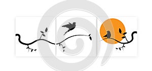 Birds on branch and flying bird silhouette, vector