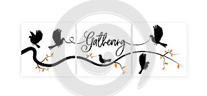 Gathering word, flying birds on branch, vector