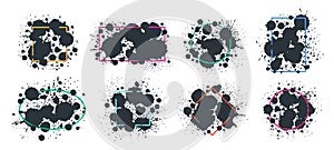 Paint splash frames. Black ink drops and spots borders, abstract ink splatters, writing ink grunge drops frame silhouettes flat