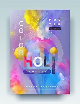 Paint splash. Holi poster. Hindu traditional holiday. Colorful dust explosion splatter. Gulal powder balls blast