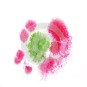 Paint splash ink green, pink blot and white abstract art brush