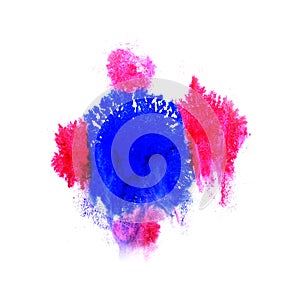 Paint splash ink pink, blue blot and white abstract art brushe