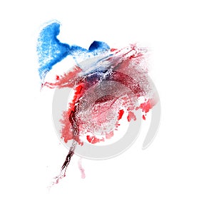 Paint splash red, blue ink blot and white abstract art brushe