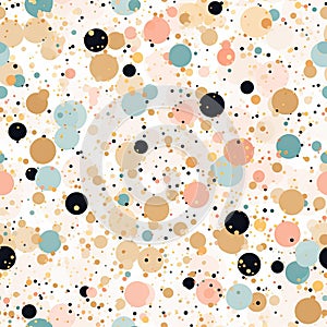 Paint splatter or polka dot random splatters, seamless background. Pastel colors of pink, teal and white