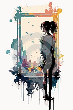 Paint splattered Girl on a window with city view at night, vector illustration