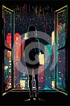 Paint splattered Girl on a window with city view at night, vector illustration