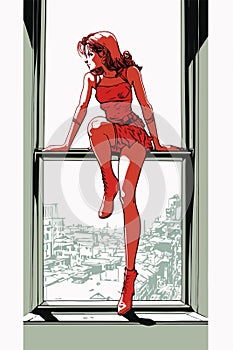 Paint splattered Girl on a window with city view at night, vector illustration