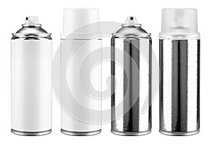 Paint spray aluminum silver bottles with white blank copy space label and without. Coating can set collection isolated  white