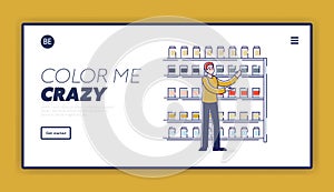 Paint store landing page design with man choosing color for home renovation and wall painting