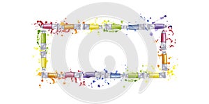 Paint tube banner frame watercolor gouache with expressive colorful splashes and drops. Colors of rainbow. Creative