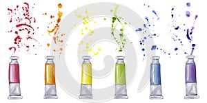 Paint tube kit watercolor gouache with expressive colorful splashes and drops. Colors of rainbow banner. Creative