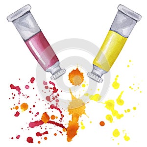 Paint tube red and yellow colors mix make orange. Oil acrylic tempera gouache. Packaging art liquid pigments splattered