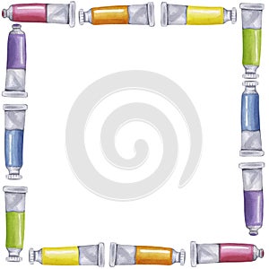 Paint tube square frame rainbow colors watercolor oil acrylic tempera gouache. Liquid pigments. Artist palette photo