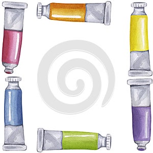 Paint tube square frame rainbow colors watercolor oil acrylic tempera gouache. Liquid pigments. Artist palette photo