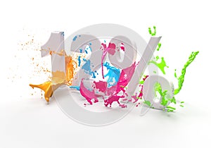 Paint twelve 12 percentages and percent in splash of colorful paint on a white background