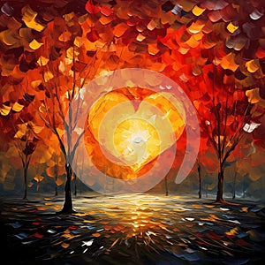 Paint watercolor illustration of a red heart in the middle of the trees of the park. Heart as a symbol of affection and love