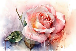 Paint a watercolor picture of a single rose with a water droplet effect