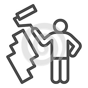 Paint and worker man line icon. Painter with roller painting wall symbol, outline style pictogram on white background