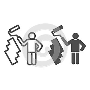 Paint and worker man line and solid icon. Painter with roller painting wall symbol, outline style pictogram on white