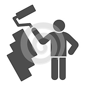 Paint and worker man solid icon. Painter with roller painting wall symbol, glyph style pictogram on white background