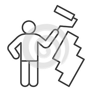 Paint and worker man thin line icon. Painter with roller painting wall symbol, outline style pictogram on white