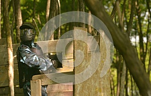 Paintball battle. The battlefield is equipped with turrets