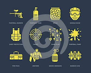 Paintball game line icons. Extreme leisure equipment, paint ball marker, uniform, mask, chest protection. Outdoor sport