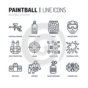 Paintball game line icons. Outdoor sport equipment, paint