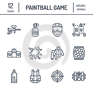 Paintball game line icons. Outdoor sport equipment, paint ball marker, uniform, mask, chest protection. Extreme leisure