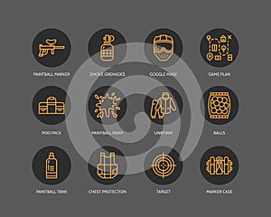 Paintball game line icons. Outdoor sport equipment, paint