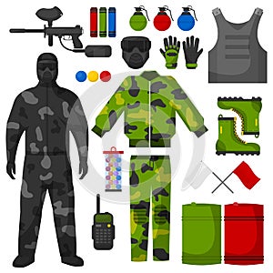 Paintball icons set. Paintball equipment collection.