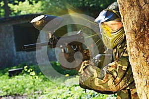 Paintball player direct hit photo