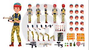 Paintball Player Male Vector. Animated Character Creation Set. Paintball Game Battle Player Man. Full Length, Front