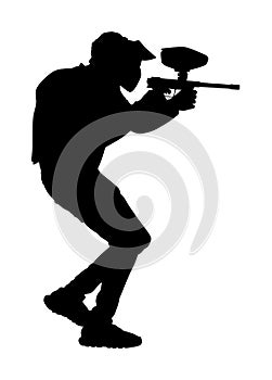 Paintball player  silhouette isolated on white background. Extreme sport game. Aiming man with rifle shooting on target.