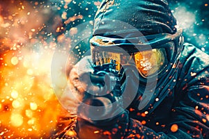 paintball player under gunfire, paint splashing over him photo