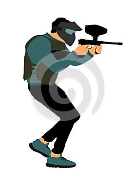 Paintball player vector illustration isolated on white background. Extreme sport game. Aiming man with rifle shooting on target.