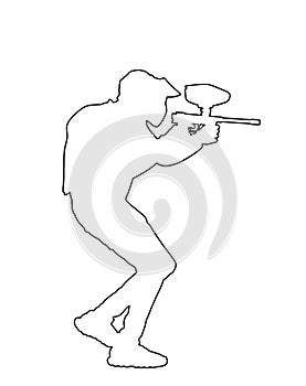 Paintball player vector line contour illustration isolated on white background. Extreme sport game. Aiming man with rifle shooting