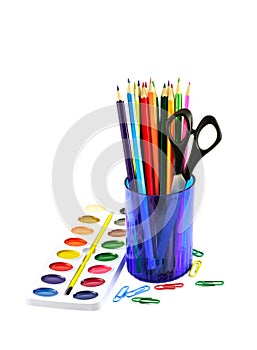 Paintbox and colored pencils photo