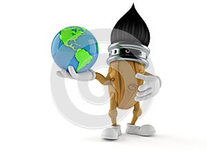 Paintbrush character holding world globe