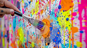 A paintbrush covered in splatters of colorful paint rests before a vividly painted wall, Ai Generated