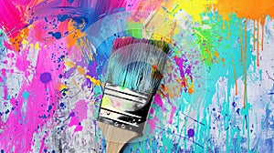 A paintbrush covered in splatters of colorful paint rests before a vividly painted wall, Ai Generated