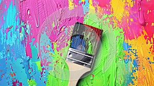 A paintbrush covered in splatters of colorful paint rests before a vividly painted wall, Ai Generated photo