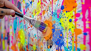 A paintbrush covered in splatters of colorful paint rests before a vividly painted wall, Ai Generated photo