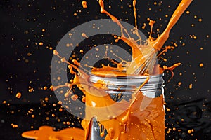 Paintbrush falling into an open metal can with splashing orange paint